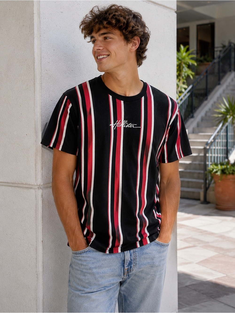 Hollister Vertical Stripe Crew Neck Tee Mens L Embroidered Logo Cotton